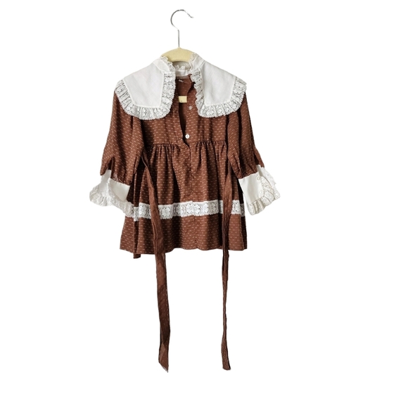 MINI WORLD x VINTAGE Brown Swiss dot white lace collar trim dress 2T - Picture 2 of 8